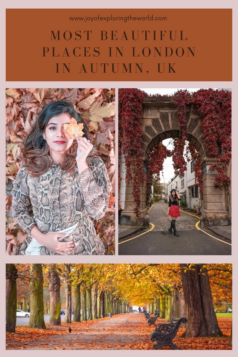 Collage showing autumn scenes in London: a woman lying in fallen leaves holding a leaf, a red-leaved archway with a woman posing beneath it, and a tree-lined path covered in orange leaves.