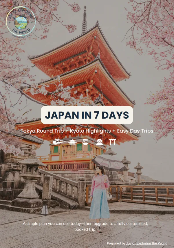Woman holding a parasol standing before a red pagoda framed by pink cherry blossoms with travel-guide text overlay reading "Japan in 7 Days."