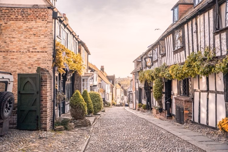 Quiet cobbled street lined with historic half-timbered houses and climbing greenery