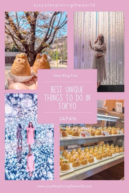 Pink travel blog collage featuring Tokyo attractions, desserts, an immersive light display and the text Best Unique Things to Do in Tokyo, Japan