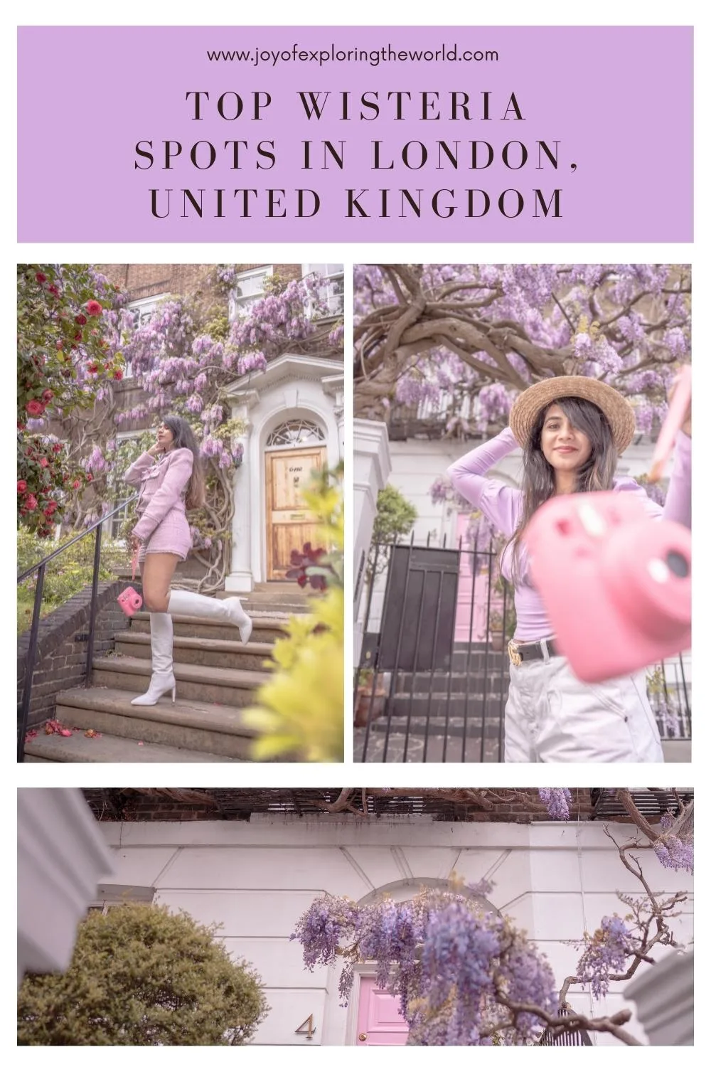 Young woman posing under cascades of lavender wisteria on a pretty London townhouse-lined street with a pink front door.