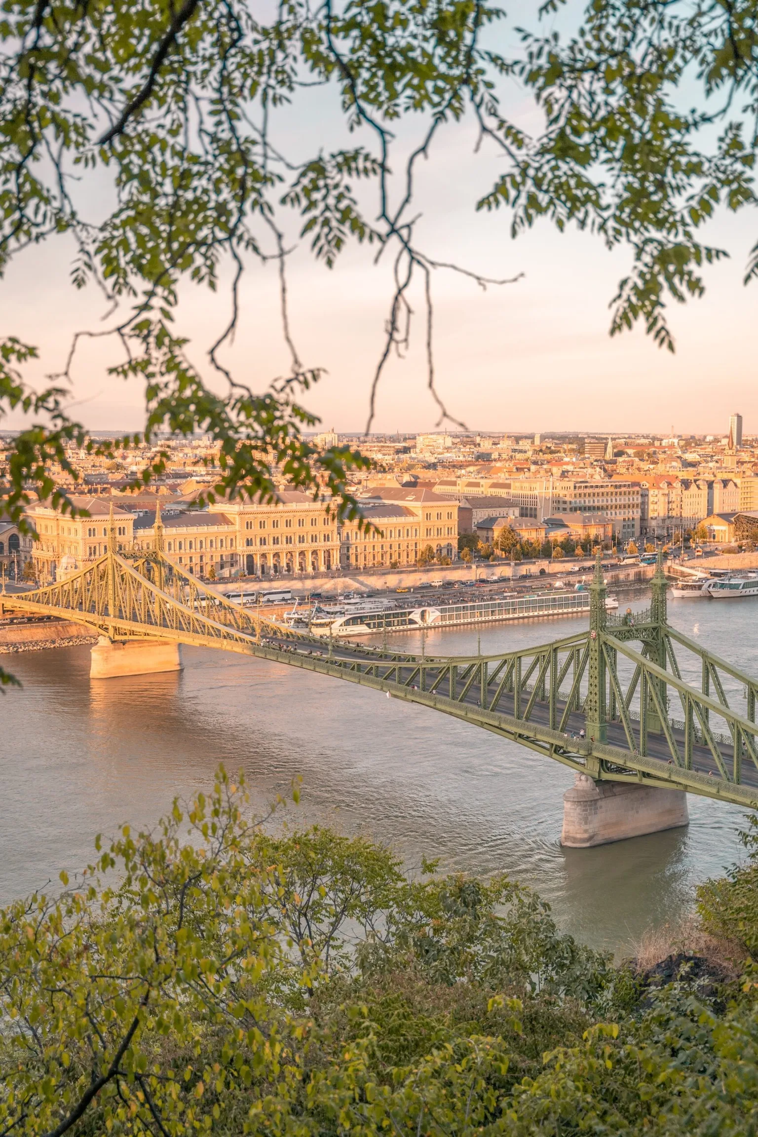 Green Liberty Bridge spanning the Danube with Budapest's sunlit riverside buildings framed by tree branches.