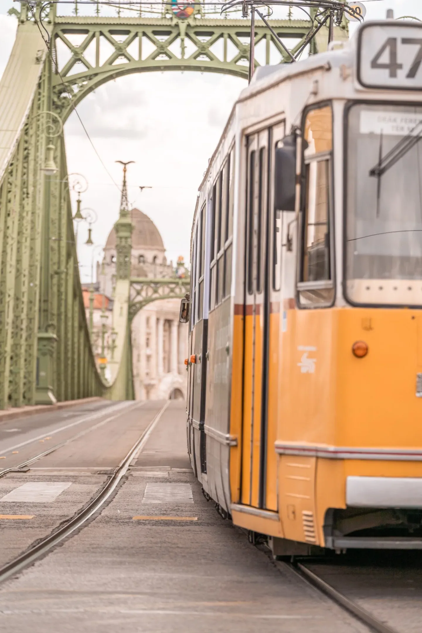 Yellow tram crossing the ornate green Liberty Bridge with a domed building visible in the background.