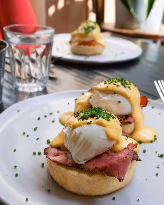 Eggs Benedict on toasted muffins with hollandaise sauce, served on white plates at a restaurant table