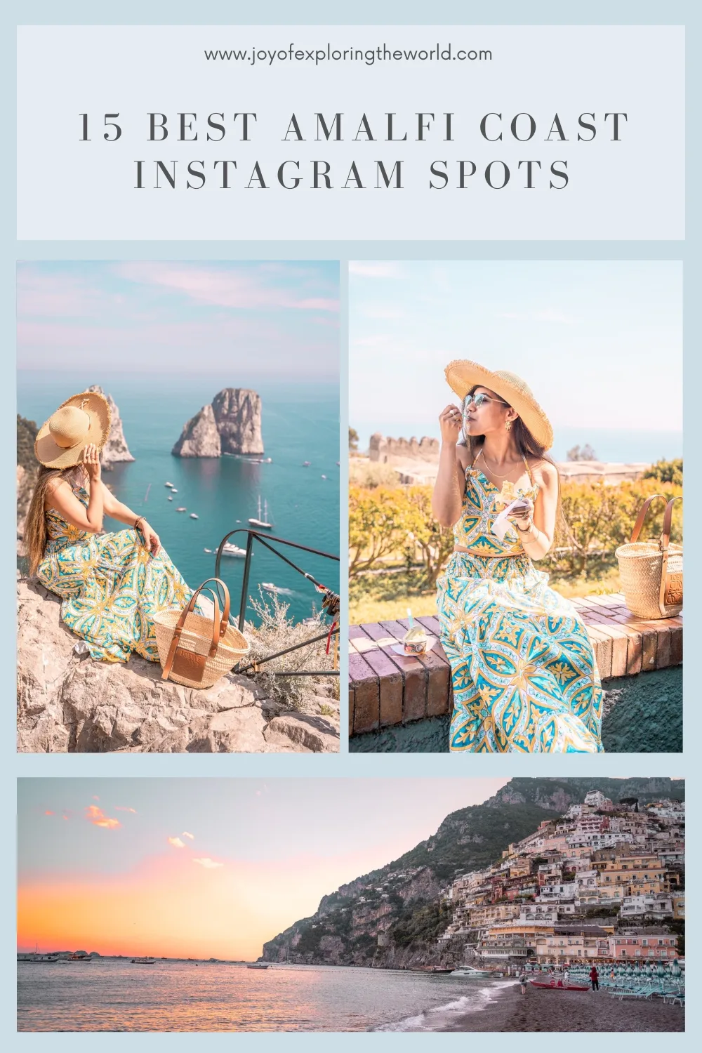 Woman in a patterned maxi dress and straw hat enjoying coastal views and a seaside town along the Amalfi Coast at sunset.