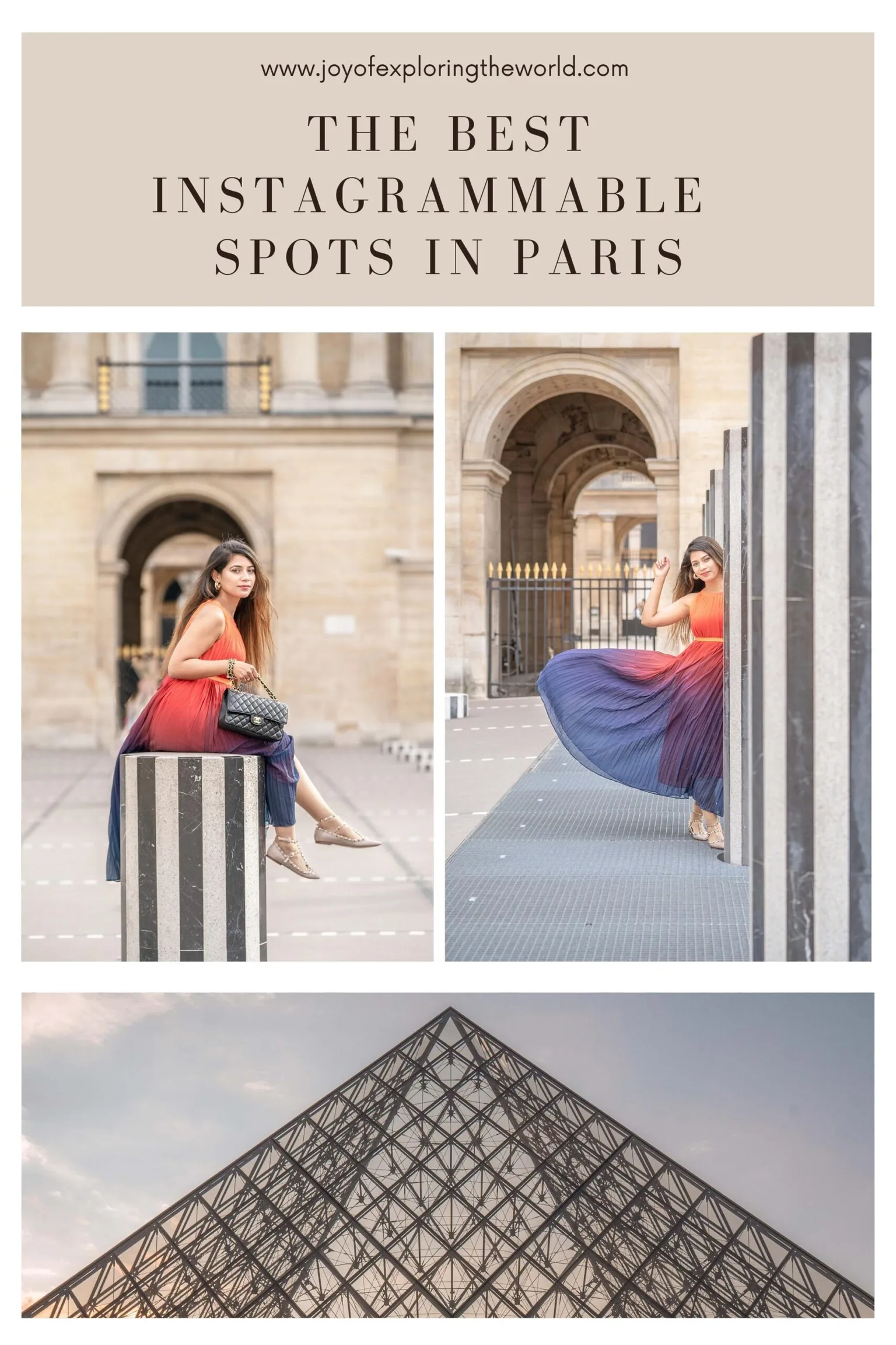 Woman in a flowing red-to-blue dress posing by striped columns at the Palais Royal with the Louvre pyramid below.