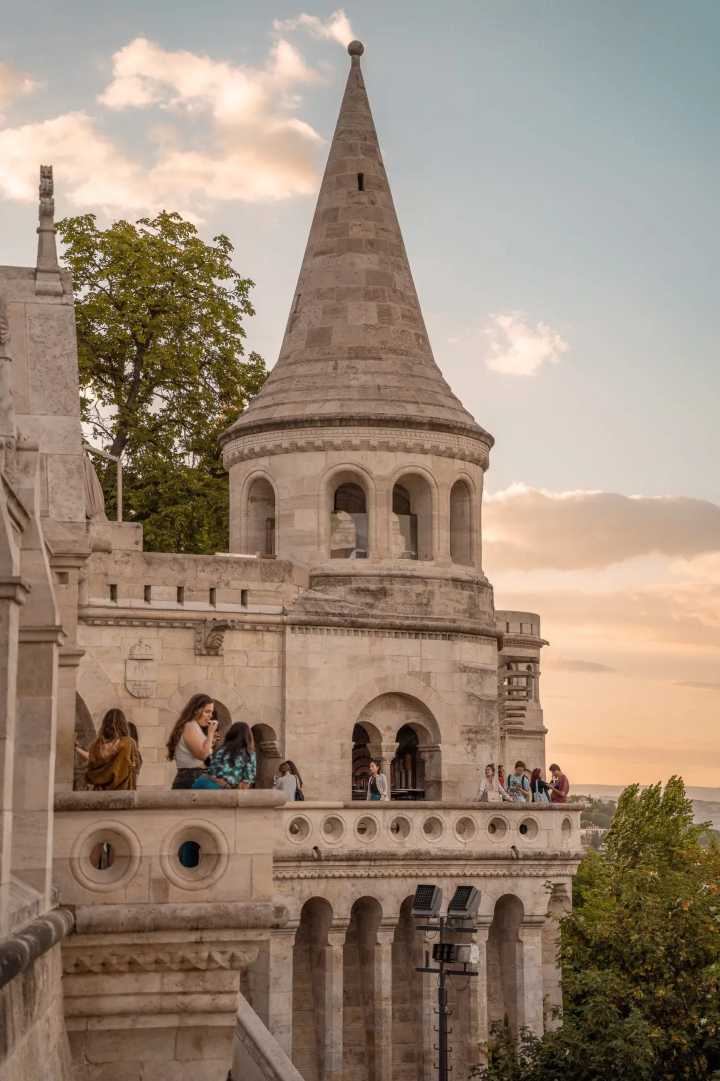 Historic tower with scenic sunset view.