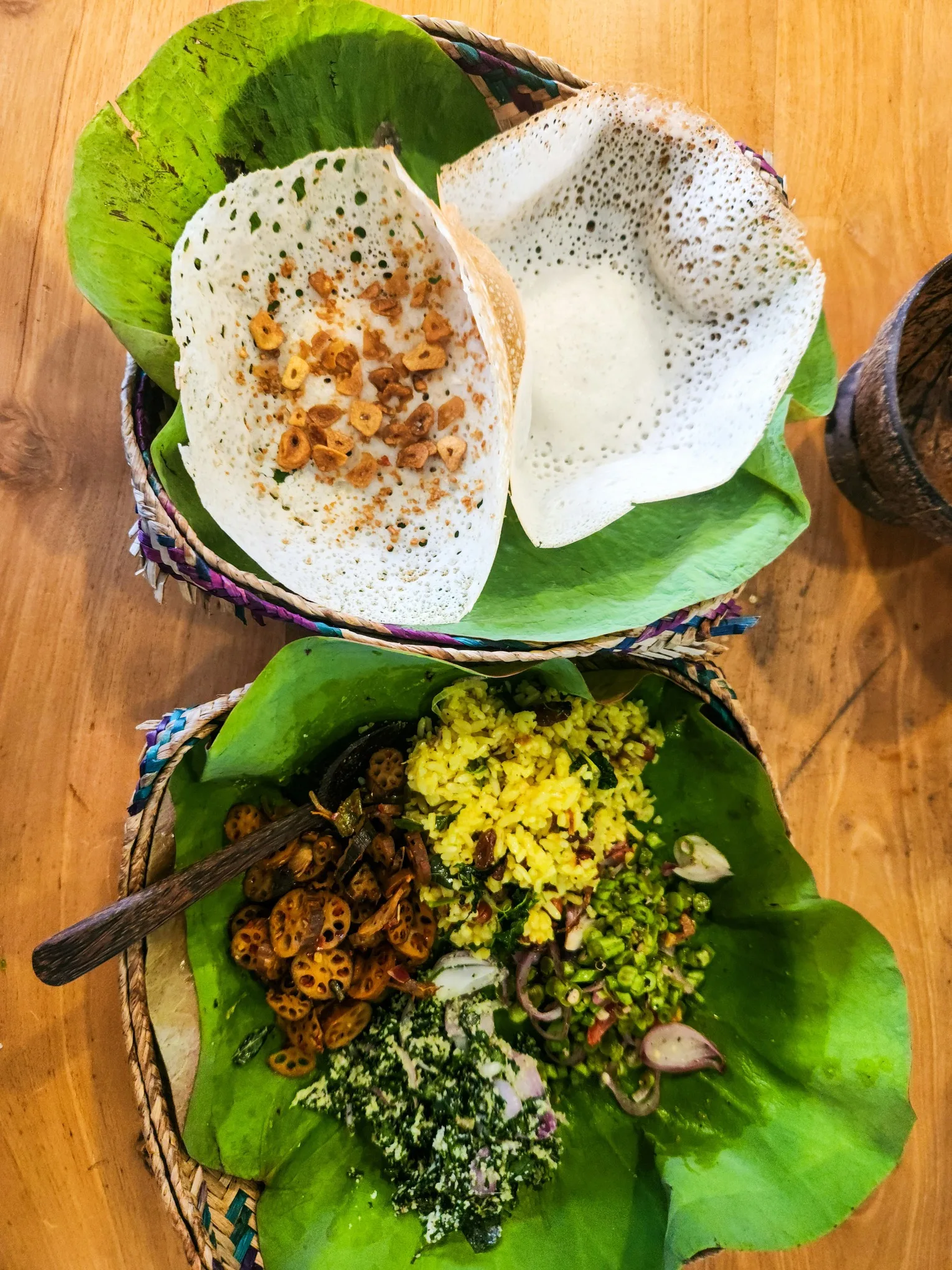 Traditional dishes on banana leaves.