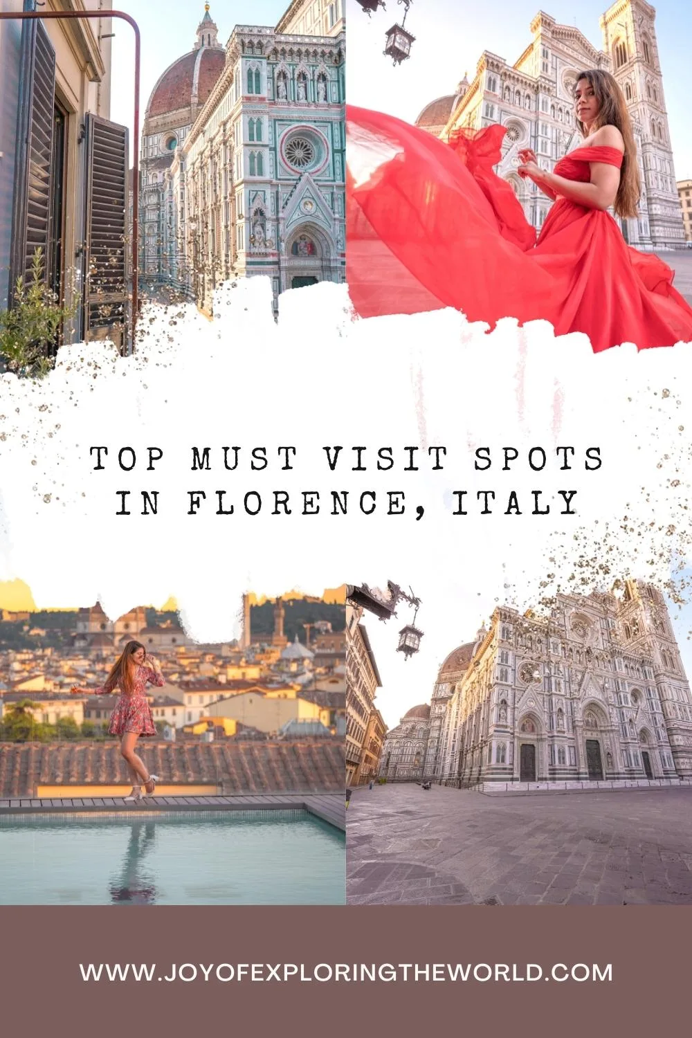 Collage of Florence scenes featuring the Duomo, a woman in a flowing red dress in the cathedral square, and city rooftop views.