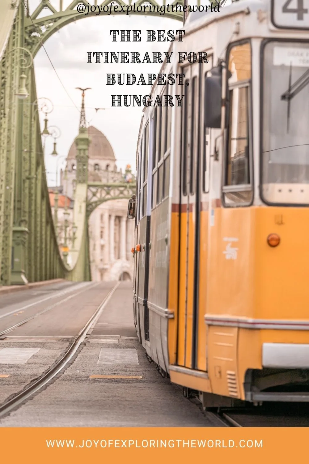 Yellow tram crossing the ornate green Liberty Bridge in Budapest with the Parliament dome visible in the background.