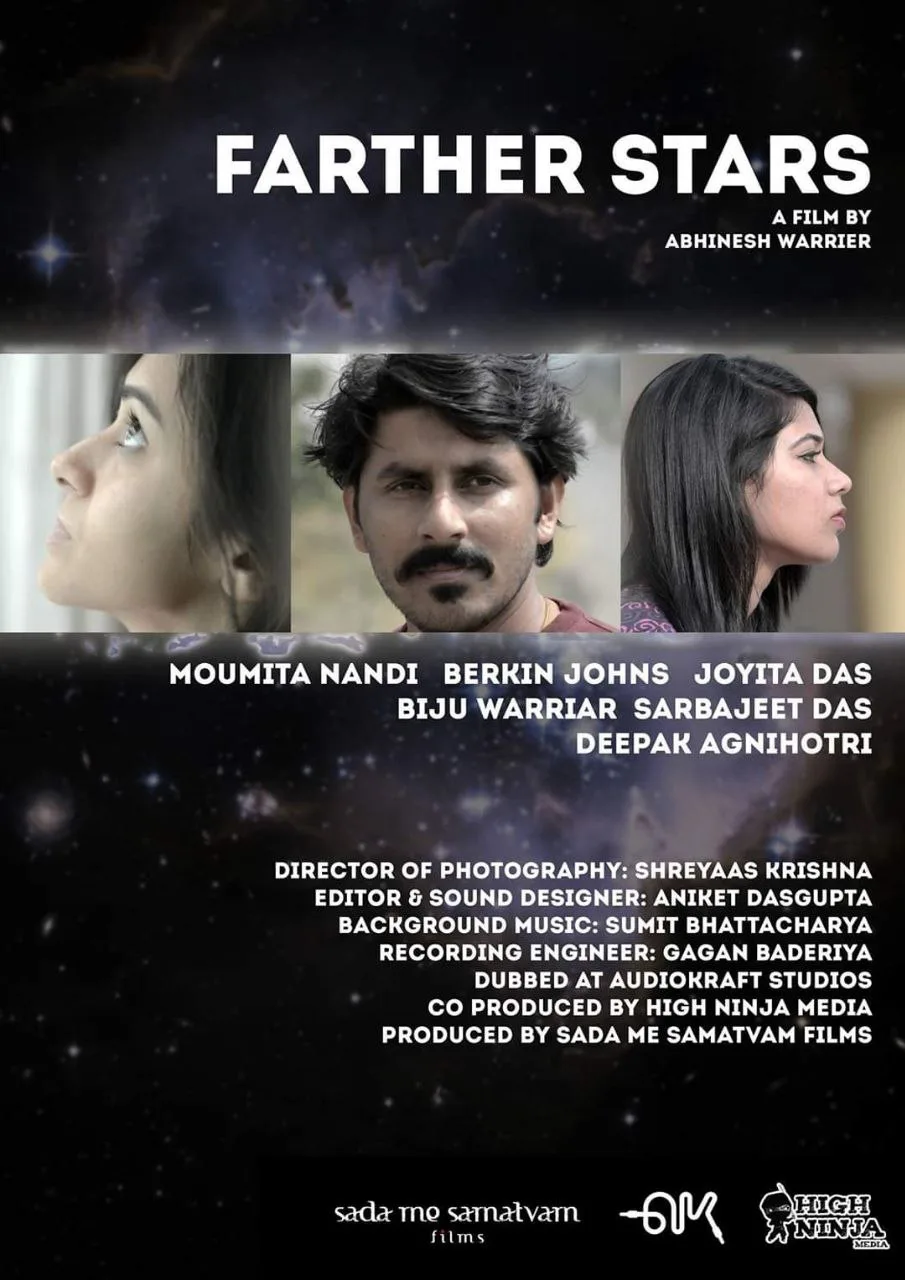 Poster for the film "Farther Stars" showing three side-profile portraits of cast members above production credits on a starry background.
