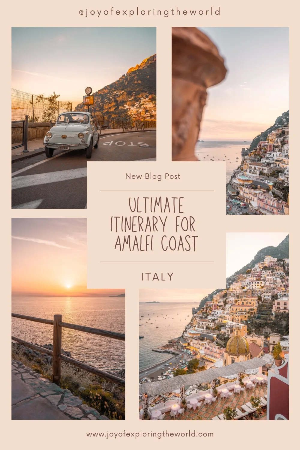 What to do in Amalfi Coast - Collage of sunset Amalfi Coast scenes: pastel cliffside village, coastal road with vintage Fiat, and sea views.