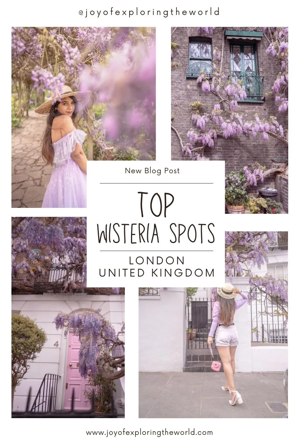 Collage of pastel London streets and wisteria-covered facades with a woman in a straw hat posing among purple blooms.