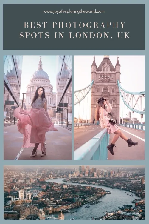 Collage showing stylish young women posing at St Paul’s Cathedral and Tower Bridge plus an aerial view of the Thames, titled "Best Photography Spots in London, UK."
