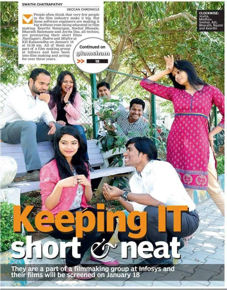 A group of six smiling young people relax and chat on park benches and steps under trees, promoting their Infosys filmmaking group's short films.