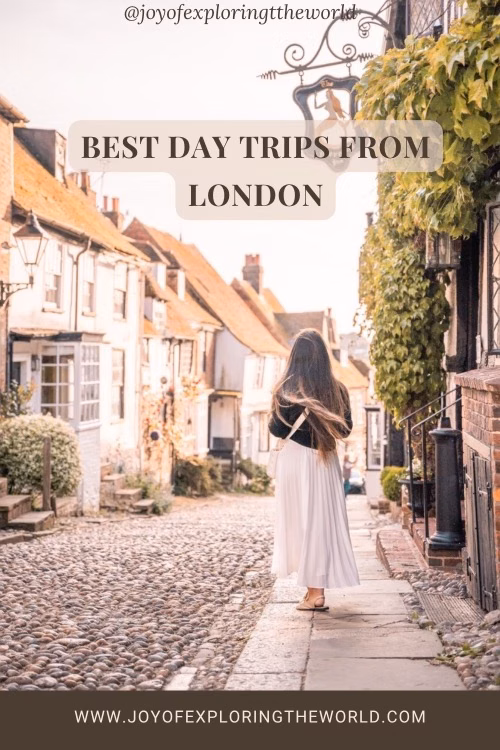 Woman walking along a cobbled village street with overlaid text reading Best day trips from London