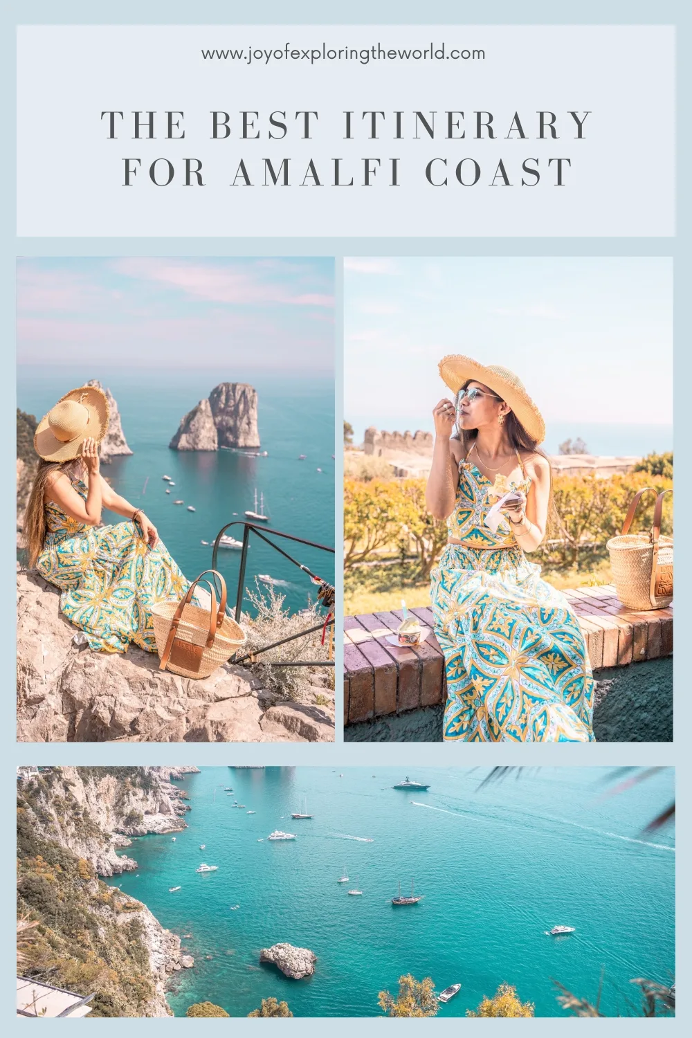 Woman in a patterned sundress and straw hat enjoying coastal views and seaside cliffs with boats on turquoise water on the Amalfi Coast.