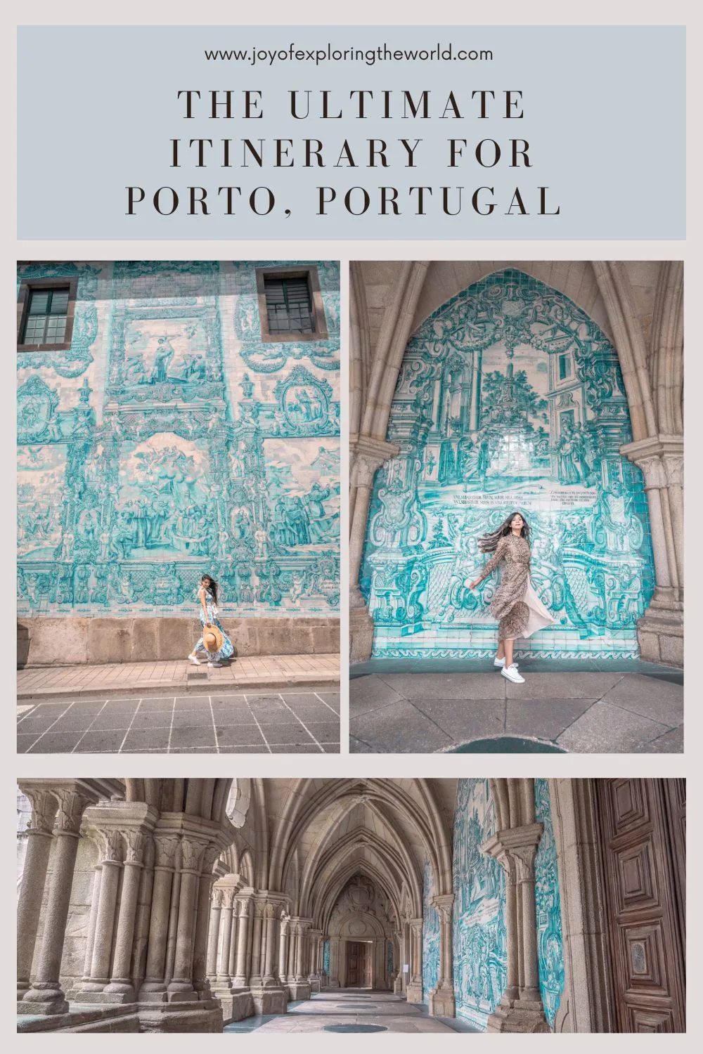 Collage showing ornate blue azulejo tile murals and Gothic cloister arches at Porto's historic São Bento/Se Cathedral area with a woman posing.