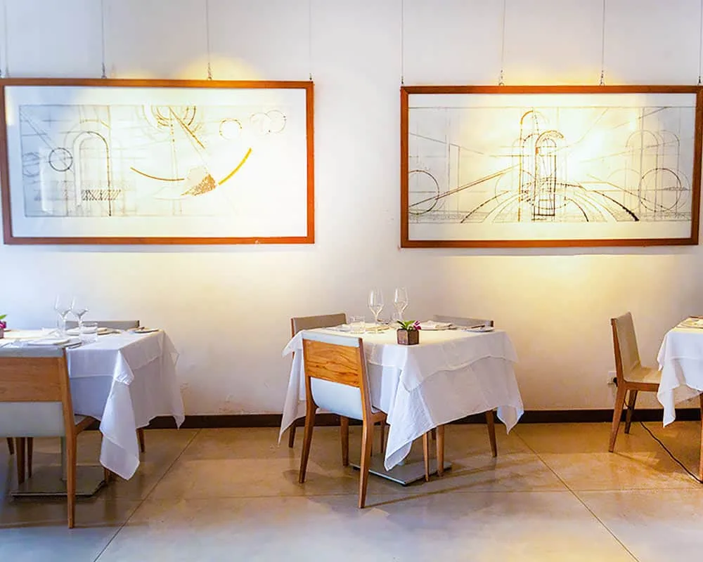 Elegant restaurant with artistic decor.