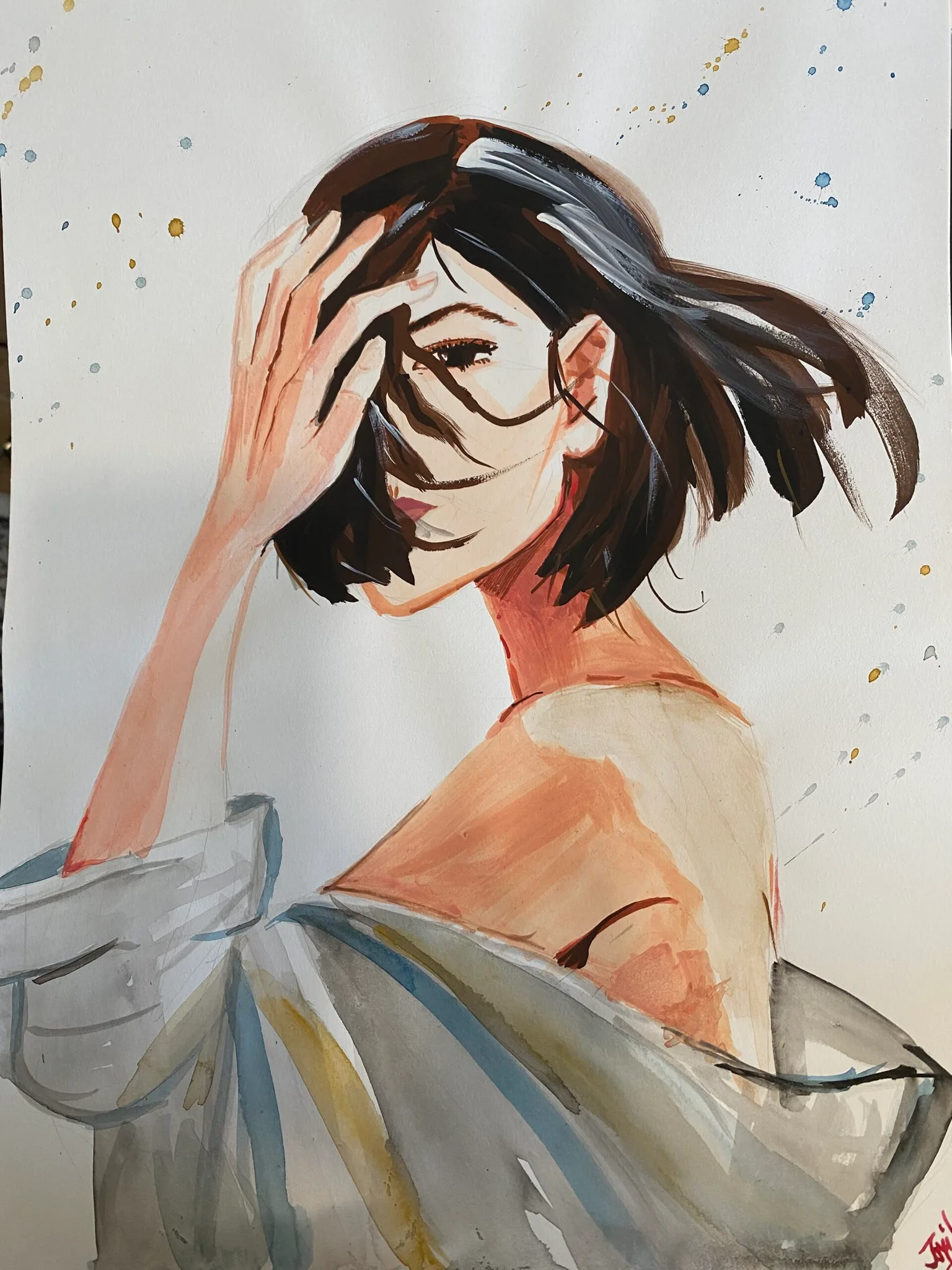 Stylised watercolor portrait of a windblown woman with dark bobbed hair brushing her face and a loose off-shoulder shirt.