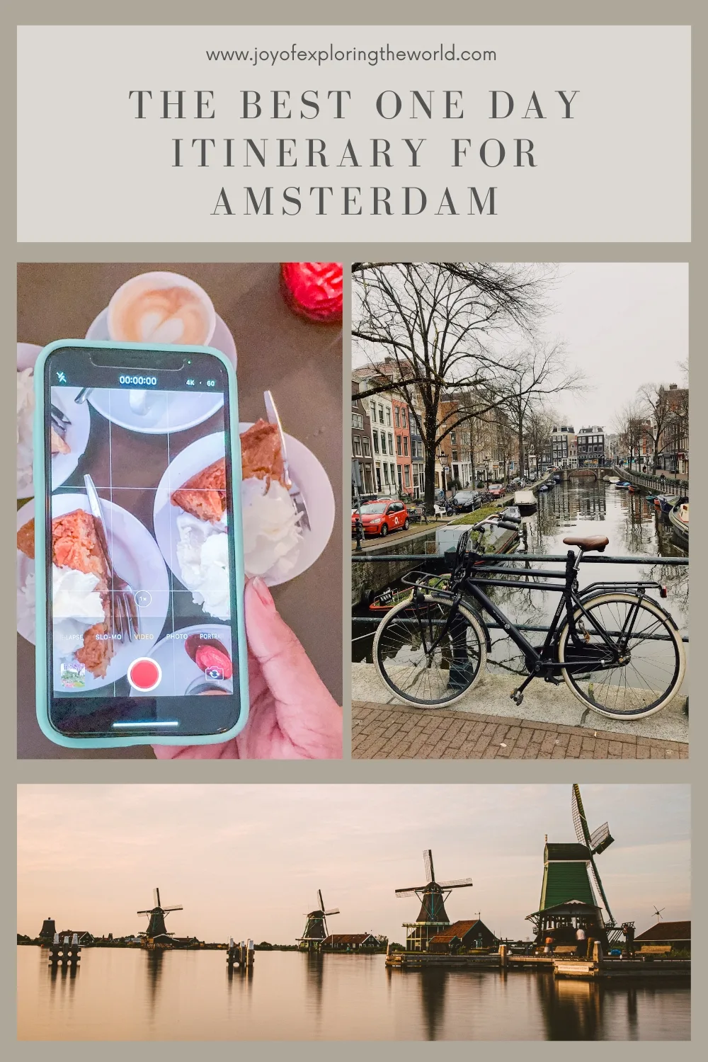 Collage showing a coffee and cake photo being taken on a phone, a bicycle parked by an Amsterdam canal with narrow houses, and windmills at sunset.