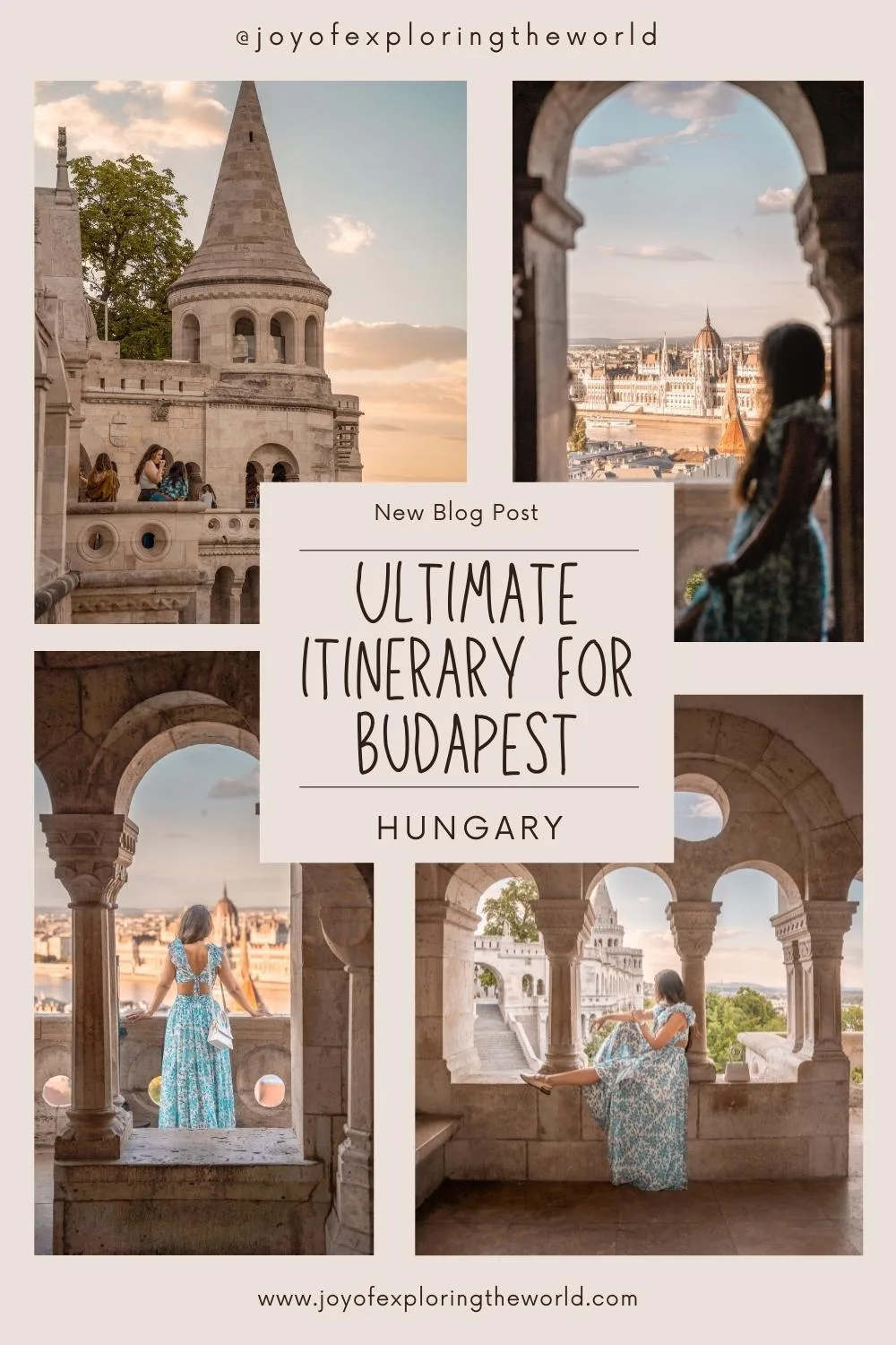 Collage of a woman in a blue dress admiring Budapest views and ornate Fisherman's Bastion arches with the Parliament across the river.