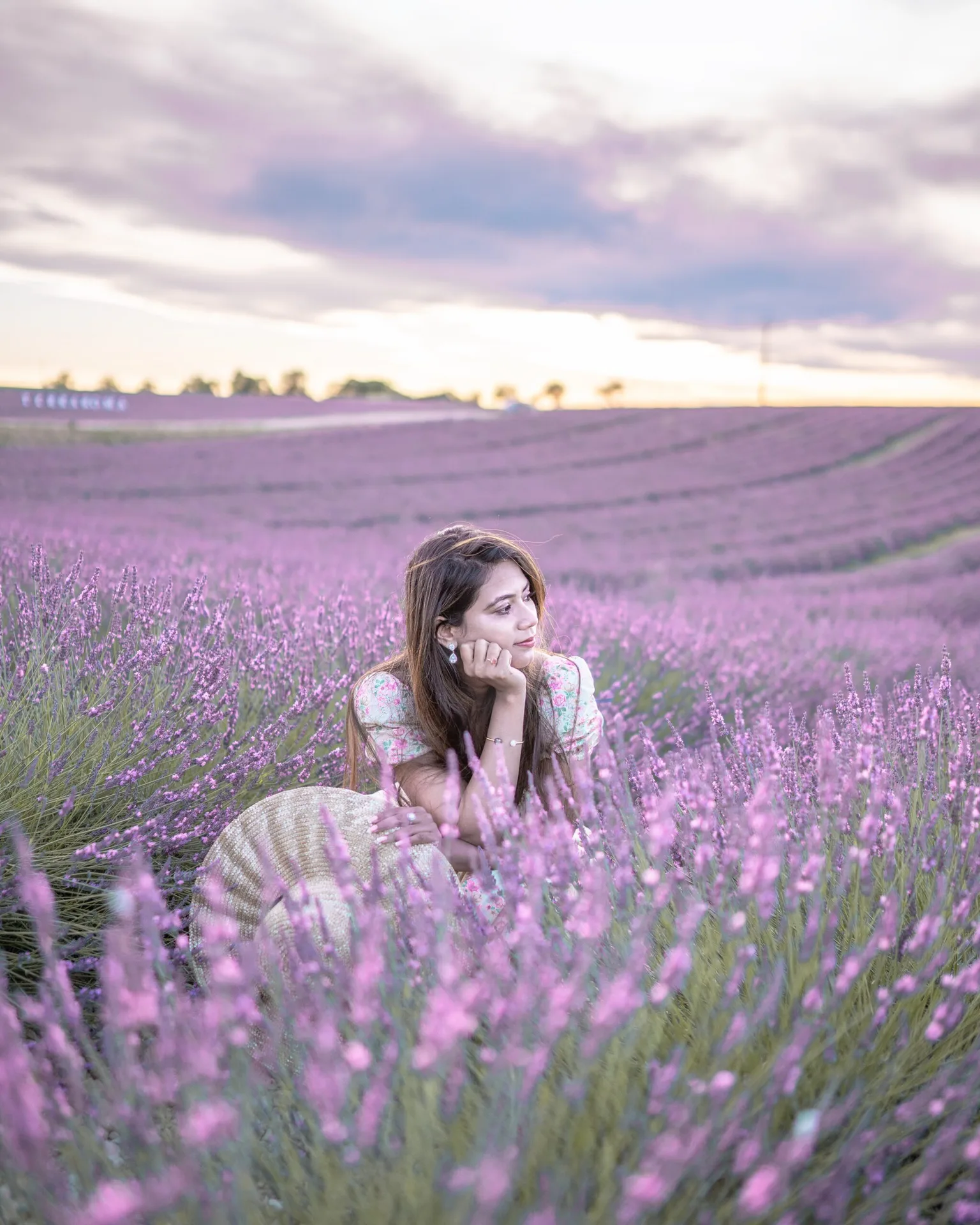 Young woman resting on her hands among rows of blooming lavender under a pastel sunset sky