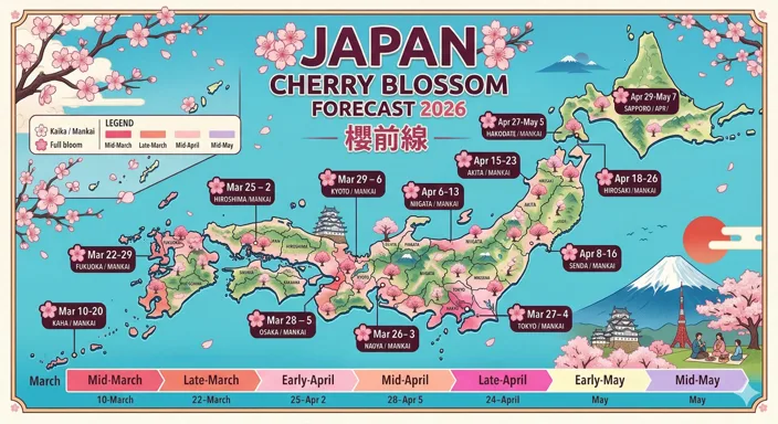 Map-style illustration of Japan labelled "Cherry Blossom Forecast 2026" showing predicted bloom dates across regions with cherry trees, Mount Fuji, and a legend.