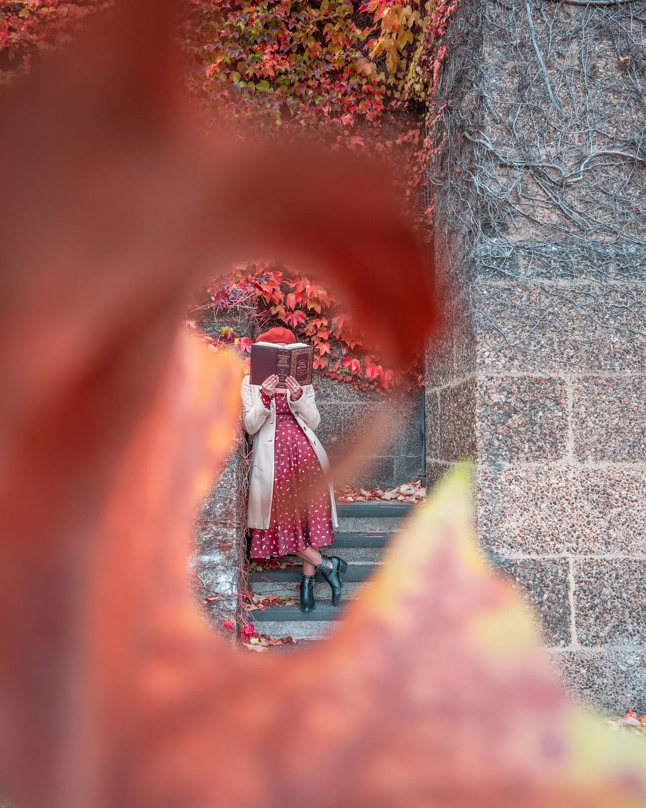 Woman in a vintage red dress and beige coat reading a book on stone steps framed through a curled autumn leaf with red ivy on the wall.