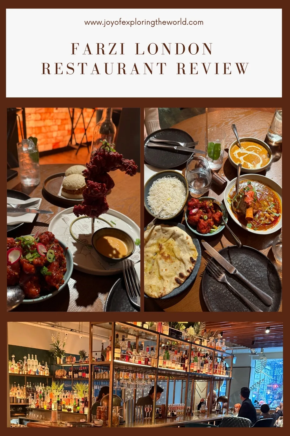 Assorted Indian dishes, naan and rice on a wooden table with skewered fried meat, plus a well-stocked bar and warm restaurant interior.