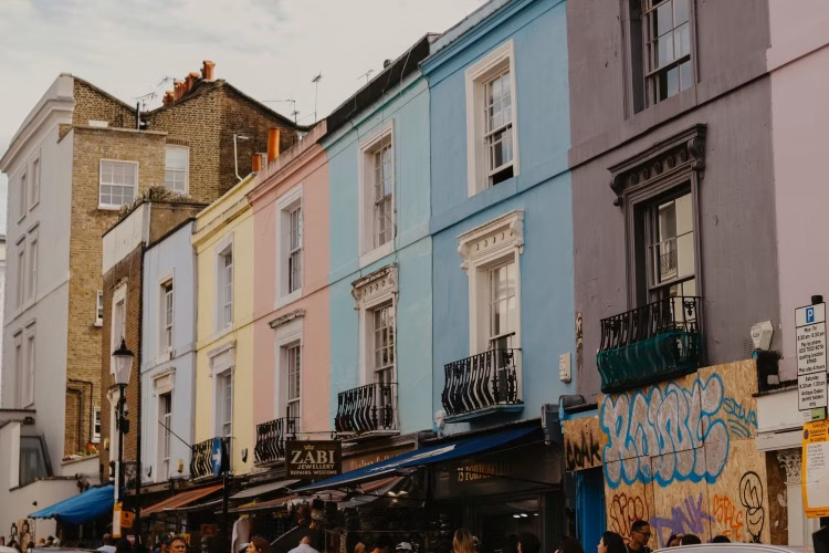 Colourful restaurant fronts in Notting Hill near Portobello Road