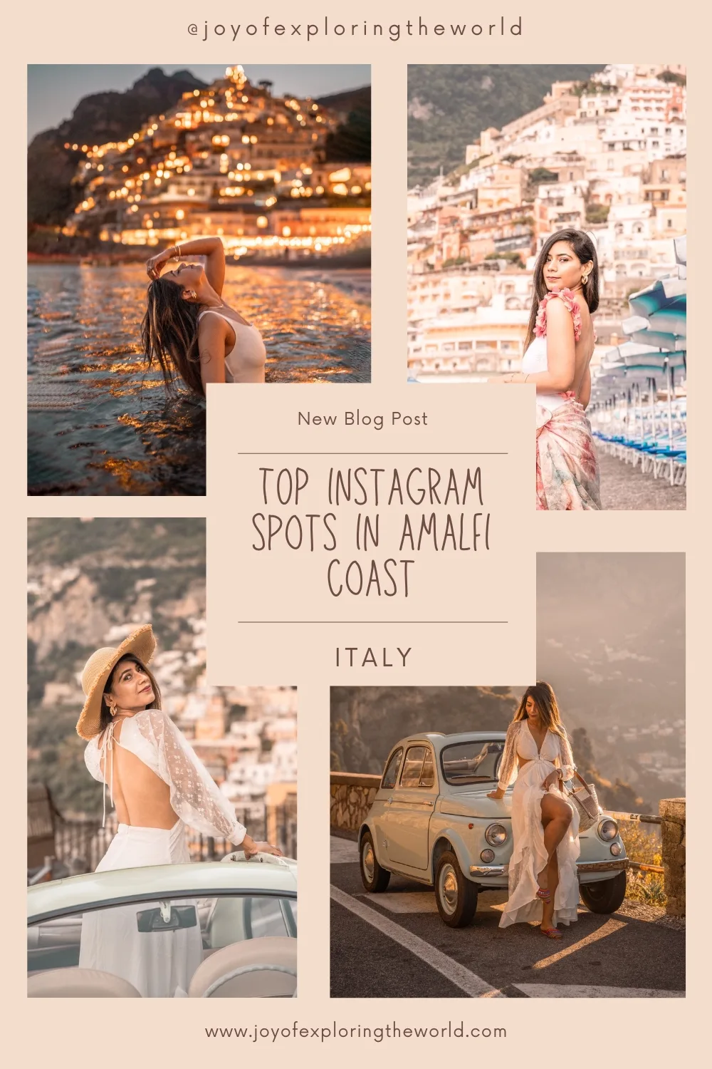 Collage of stylish travel photos on the Amalfi Coast showing a woman in a sunset sea, posing by colourful cliffside houses, a vintage Fiat, and beach umbrellas.