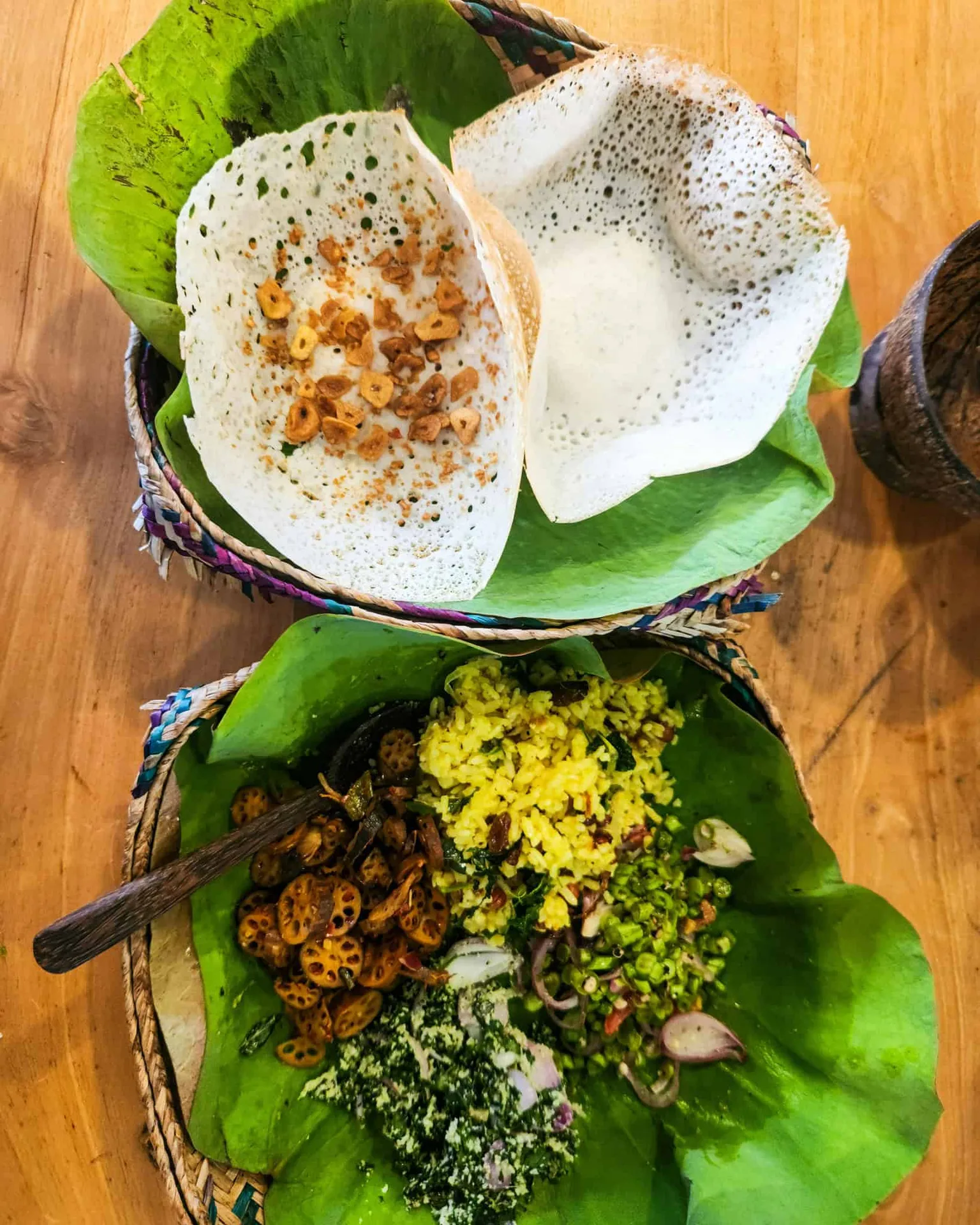 Sri Lankan Hoppers served on banana leaf
Traditional Sri Lankan egg hopper served with sambol