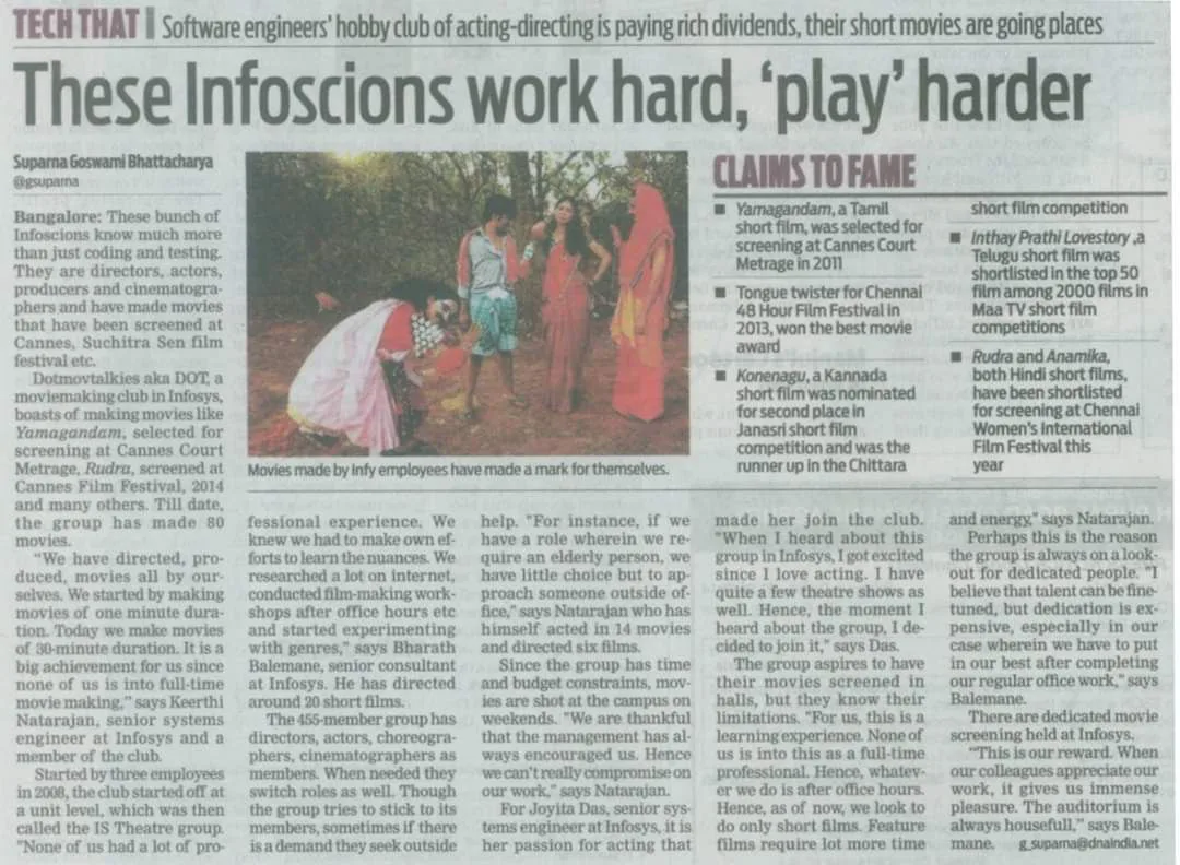 Newspaper headline and photo showing a group of people in colourful traditional dress gathered outdoors, accompanying an article about Infosys employees making short films.