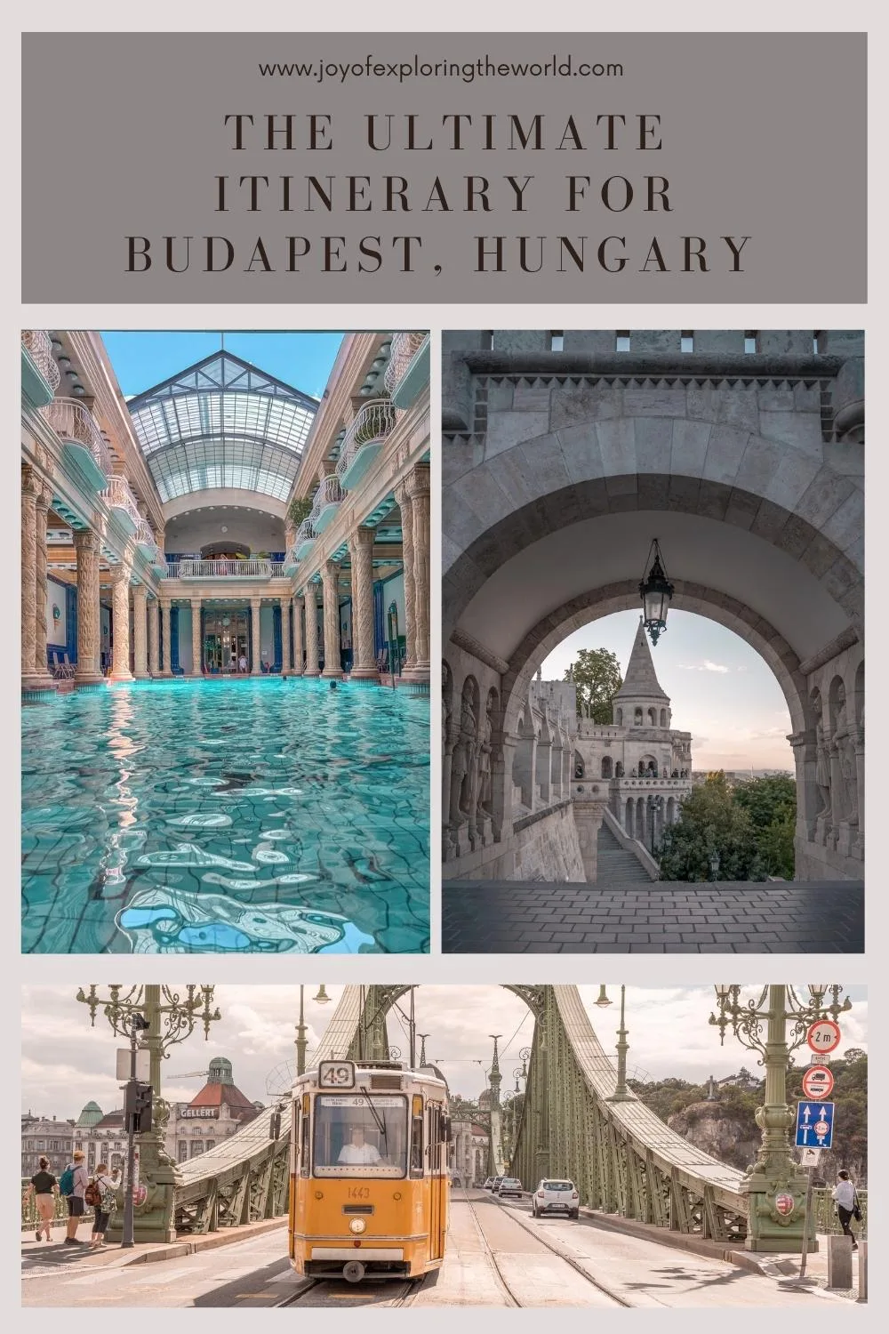 Collage showing Budapest highlights: ornate indoor thermal pool, a Fisherman's Bastion archway overlooking the city, and a yellow tram crossing Liberty Bridge.