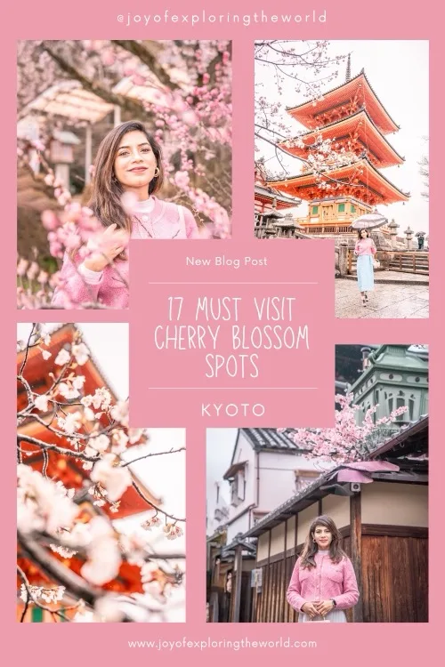 Collage of a woman posing among cherry blossoms and traditional Kyoto temples with promotional text for a travel blog post.