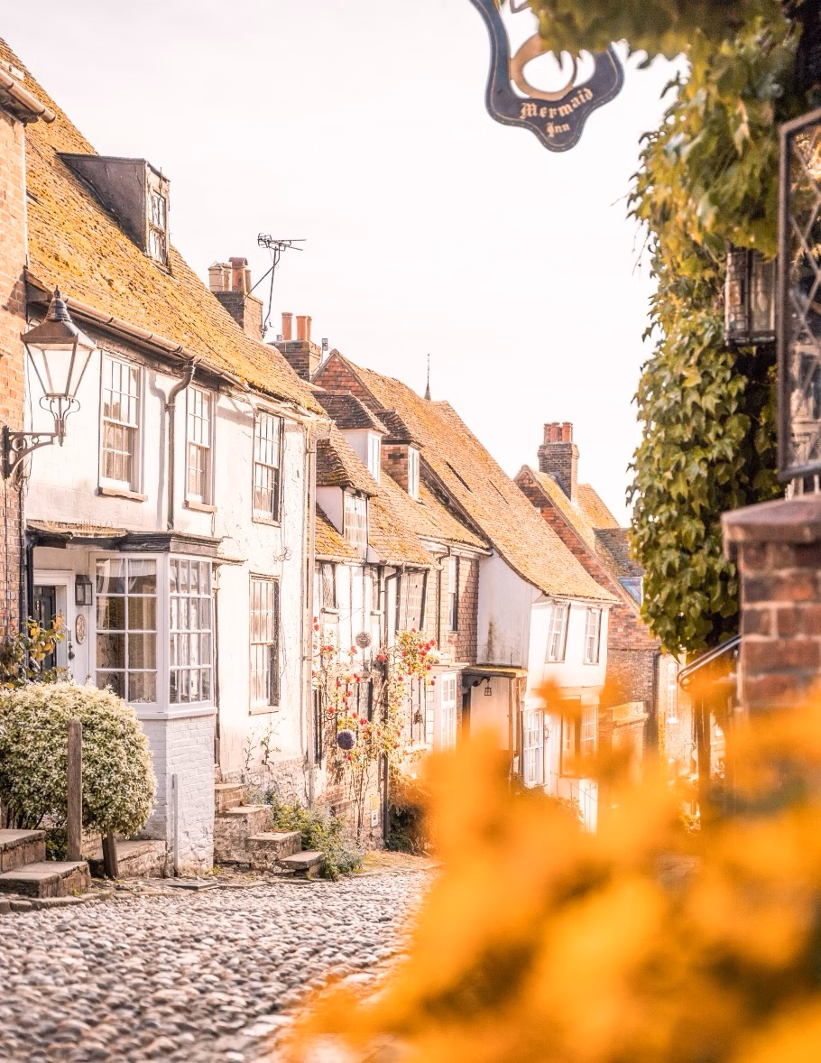 A cobbled village street lined with white cottages, warm tiled roofs and hanging greenery