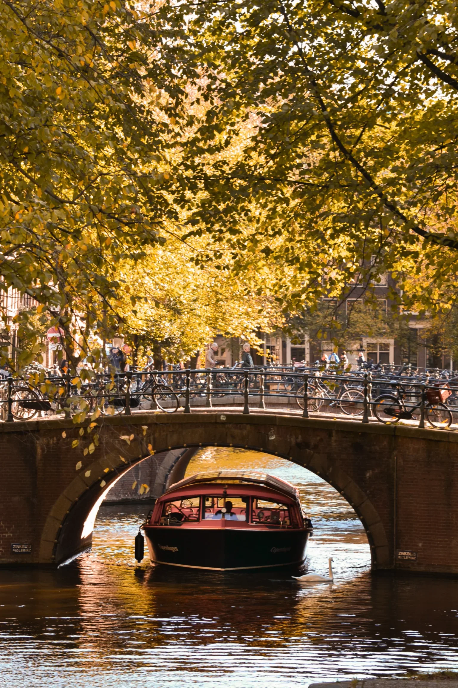 Canal boat passing under a tree-lined brick bridge with bicycles on the railing and golden autumn light.