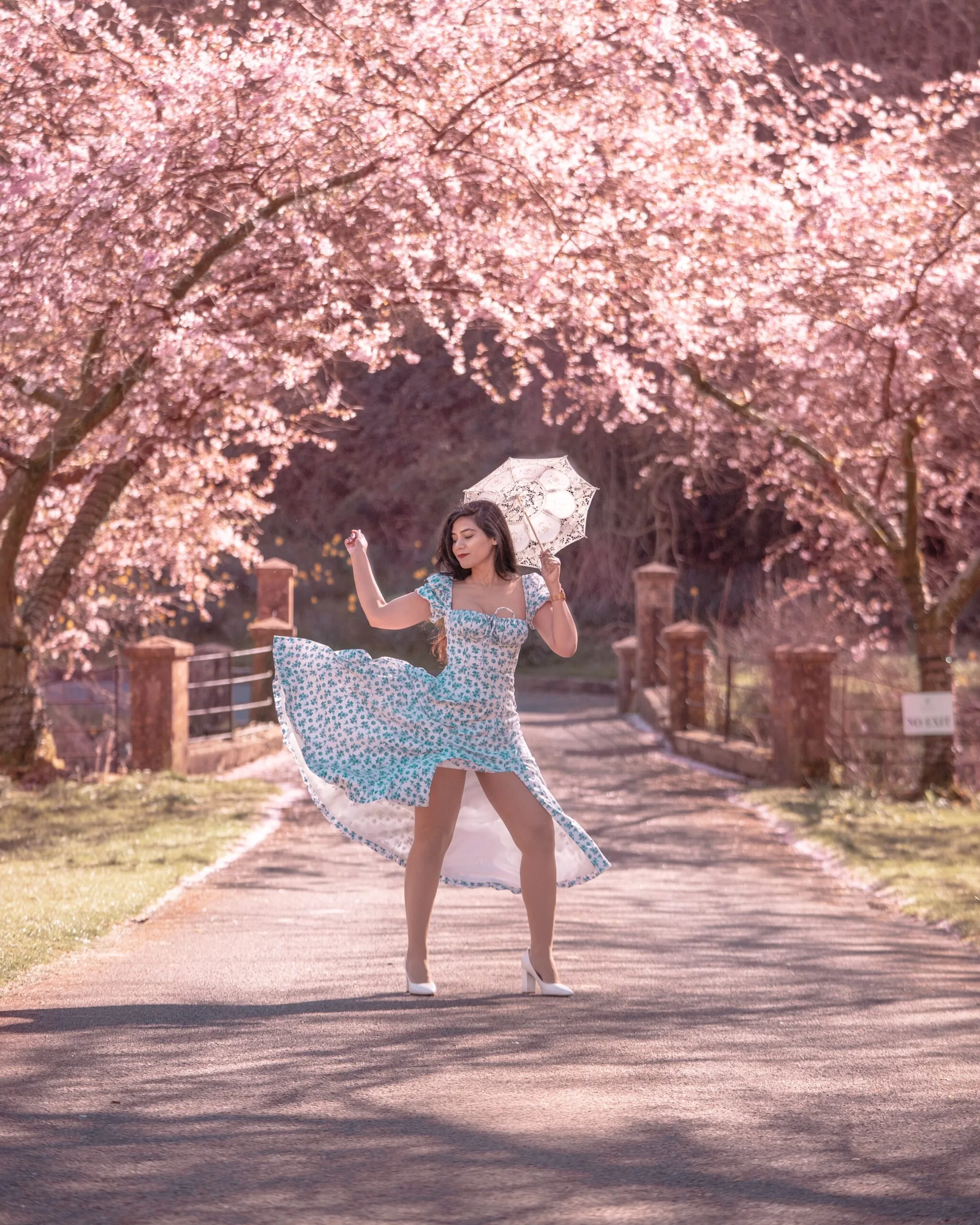 Woman in a blue floral dress twirling with a lace parasol beneath arching cherry blossom trees on a sunlit country lane.