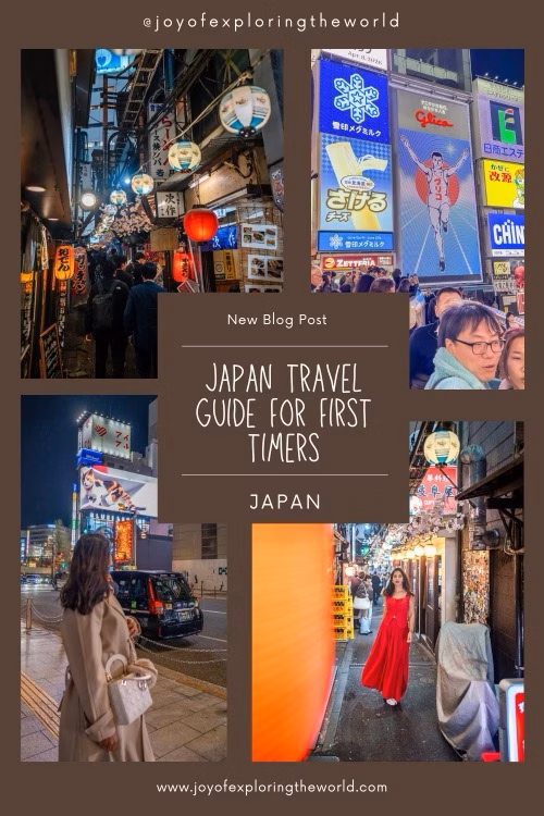 Collage of neon-lit Japan street scenes with a central title reading Japan travel guide for first timers