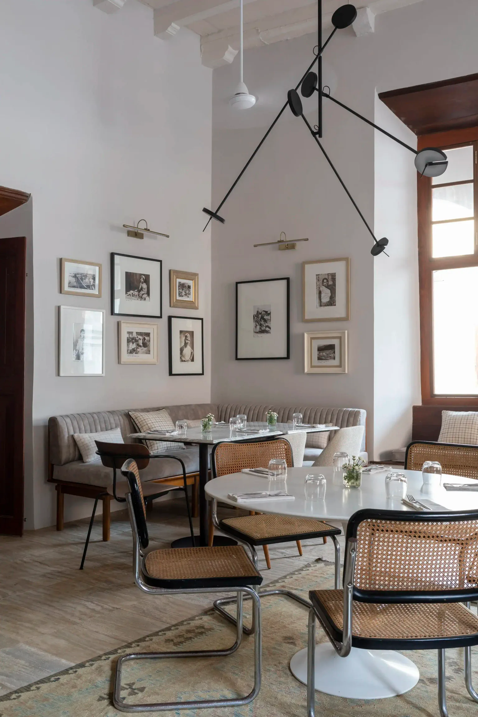 Modern dining area with artwork