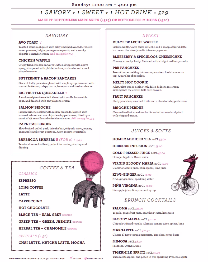 Illustrated brunch menu with savoury and sweet dishes, coffee, juices and cocktails in a clean white layout
