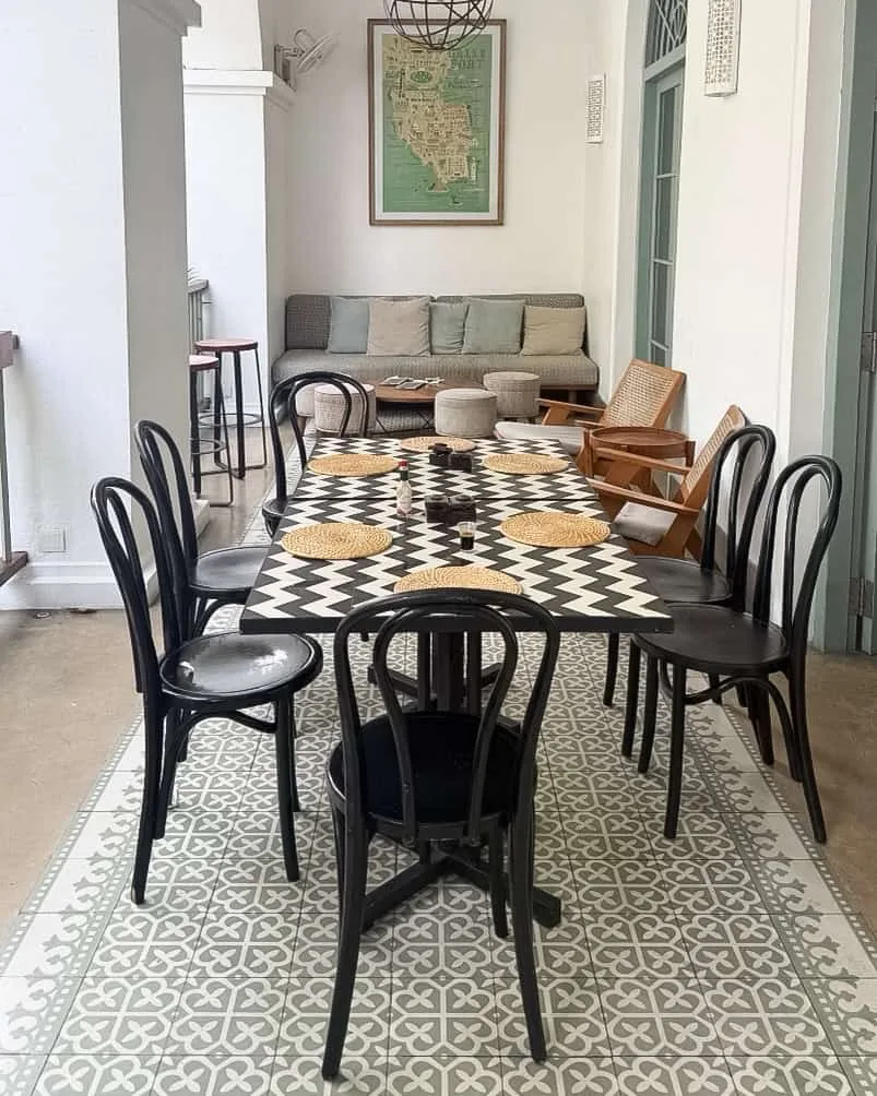 Stylish dining area with patterned decor.