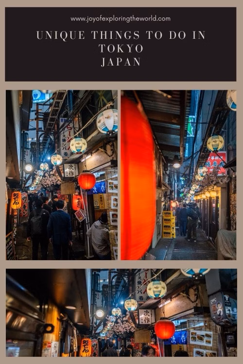 Collage of narrow Tokyo alleyways lit by lanterns and neon, with the heading Unique Things to Do in Tokyo, Japan