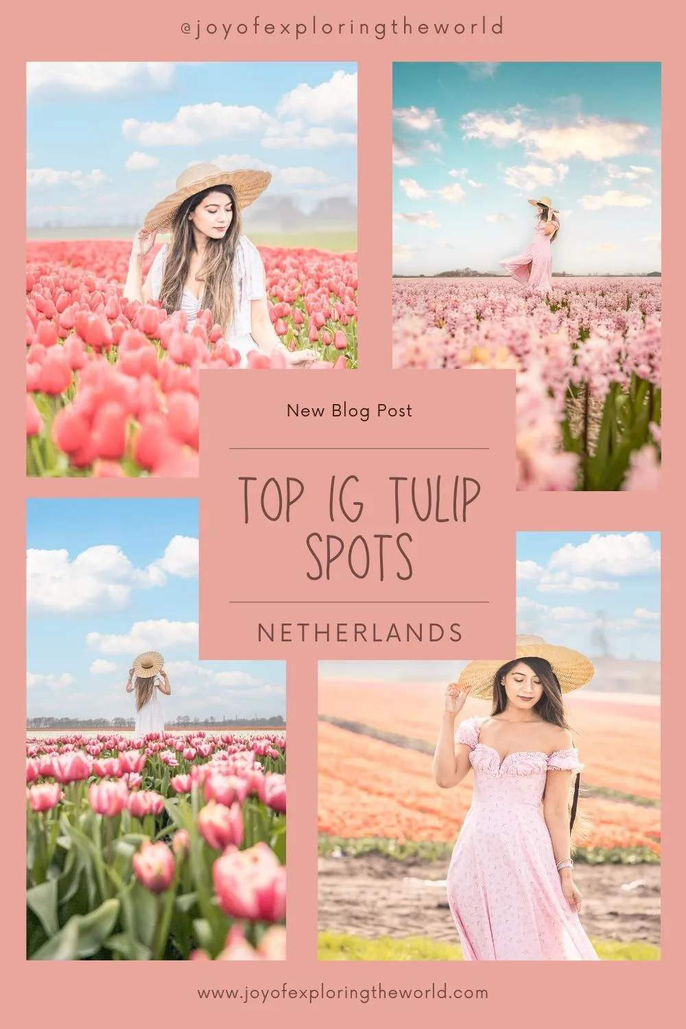 Collage of a woman in a straw hat posing among expansive pink and red tulip fields in the Netherlands under a blue sky.