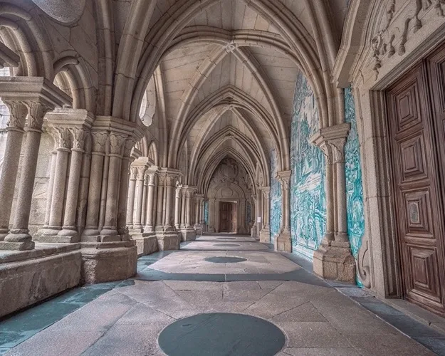 Gothic cloister with vaulted stone arches, clustered columns and decorative blue-tiled mural along the right wall.