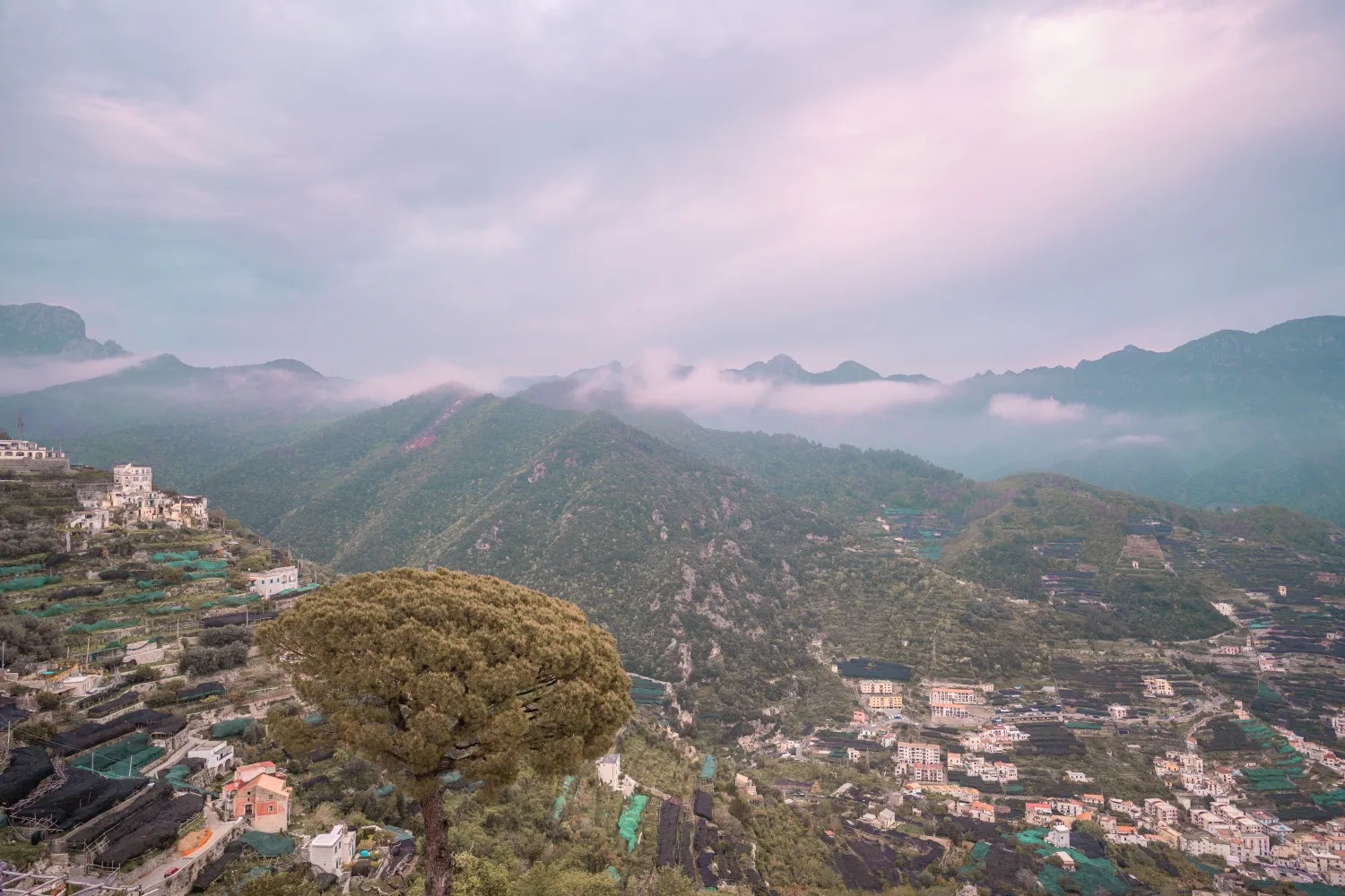 Terraced hillside village overlooking misty, forested mountains under a pastel dawn sky.