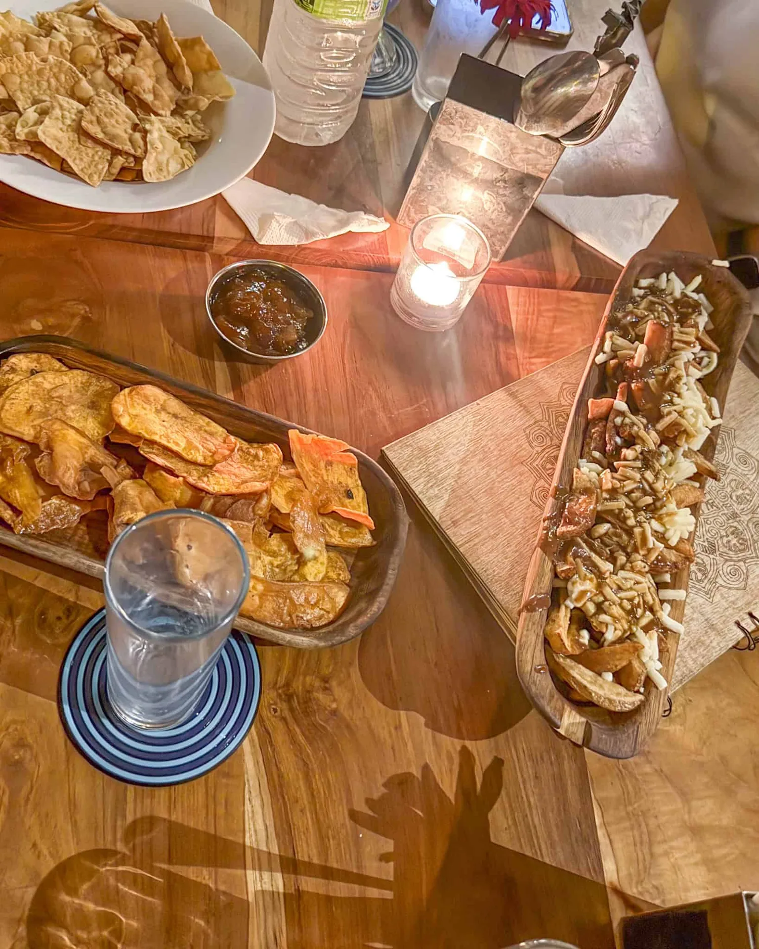 Variety of snacks on wooden table