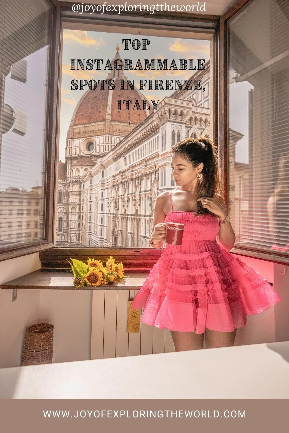 Woman in a pink ruffled dress holding a coffee cup by a window overlooking Florence's Duomo, with sunflowers on the sill.