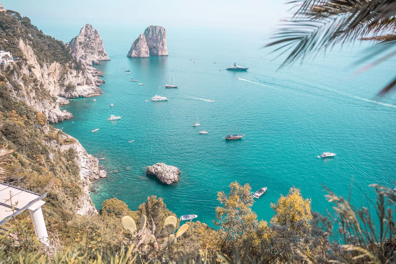 Turquoise Mediterranean bay with rocky cliffs, scattered sailboats and yachts seen from a shady coastal viewpoint.
